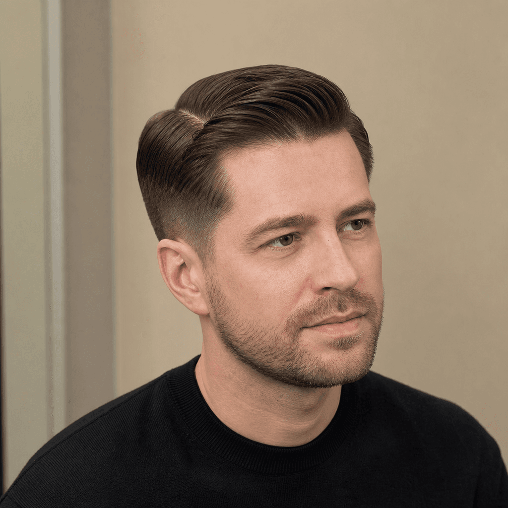 Классическая мужская стрижка side part с аккуратным пробором и чистым контуром